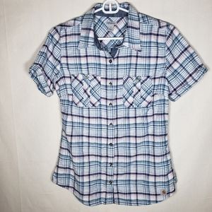 Carhartt blue and purple plaid button up blouse S